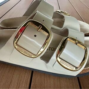 Arizona Big Buckle - Birkenstock Ivory Sandals with Gold Buckles